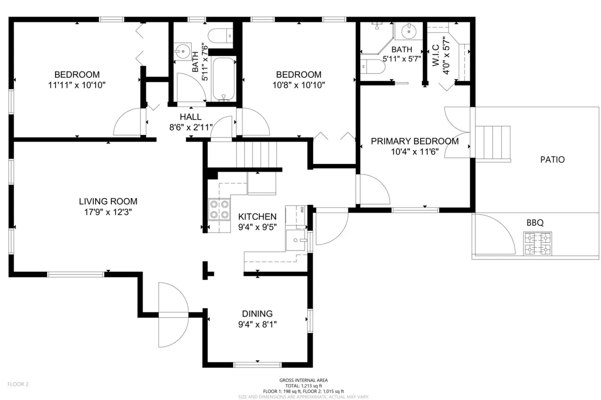 An open-plan view that captures the living room, kitchen, dining room, primary bedroom, and patio. The kitchen flows seamlessly into the dining and living areas, with sightlines to the backyard patio, illustrating easy connections between spaces.